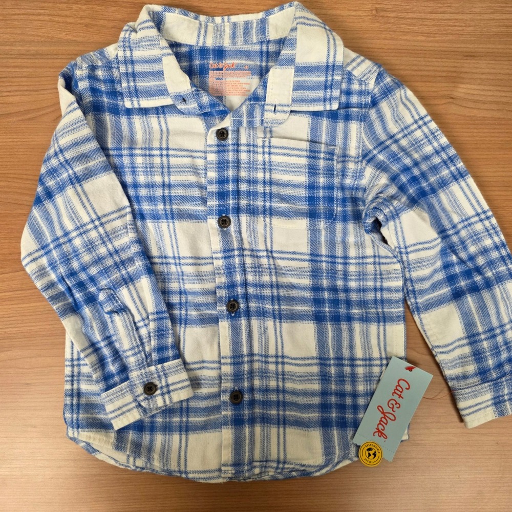 Cat & Jack Toddler Boys Blue White Plaid Flannel Button Down Shirt 4T NWT